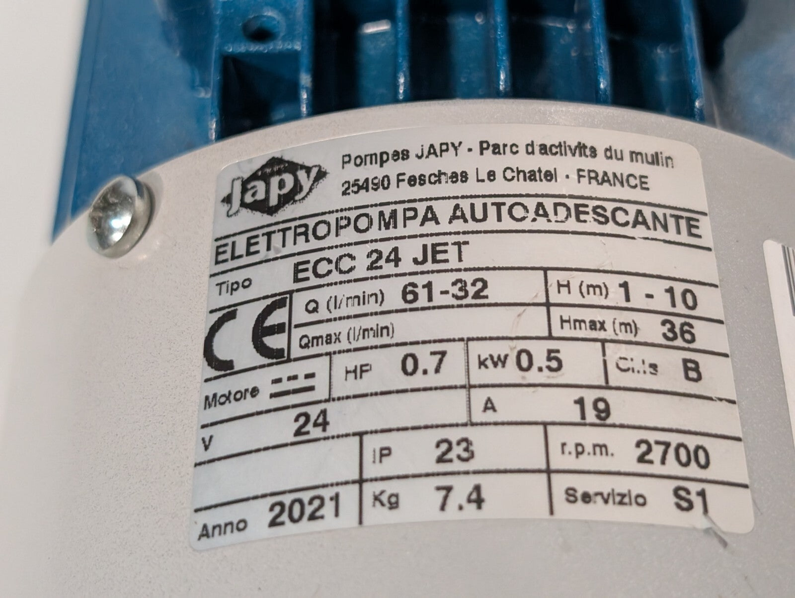 Tellarini ECC 24 JET Self-Priming Electric Pump, 0.7HP 0.5kW 2700RPM 61-32 l/min
