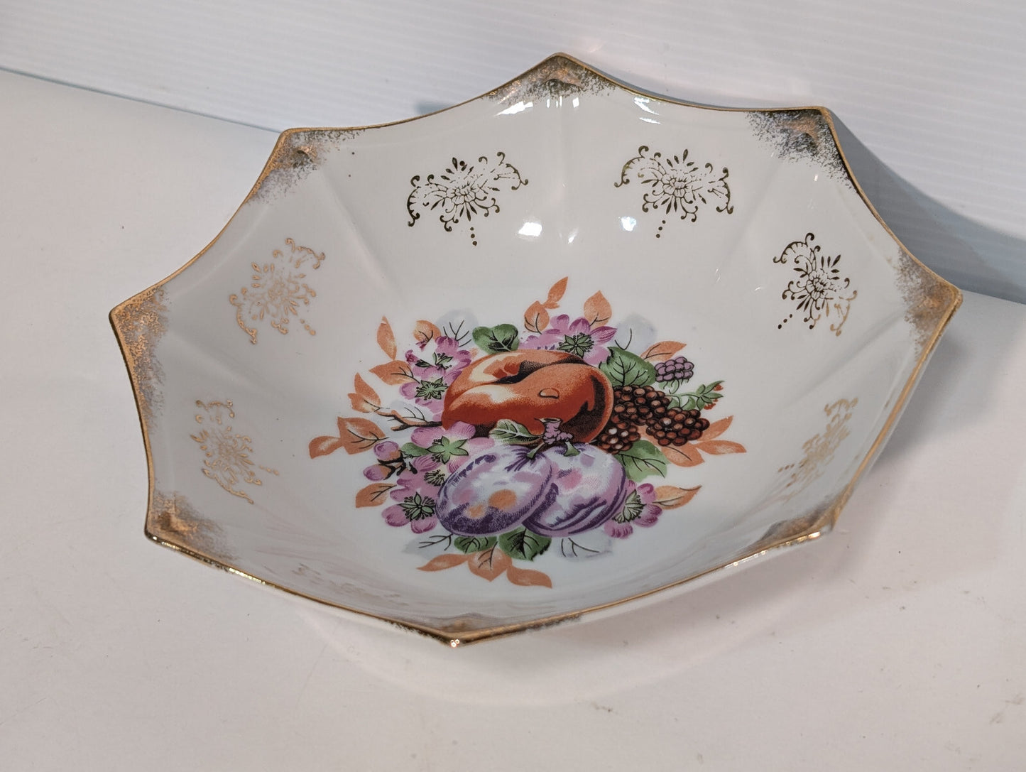 Vintage Antique Victorian Porcelain Bowl Plum Nectarine Berry Fruit Gold Tone