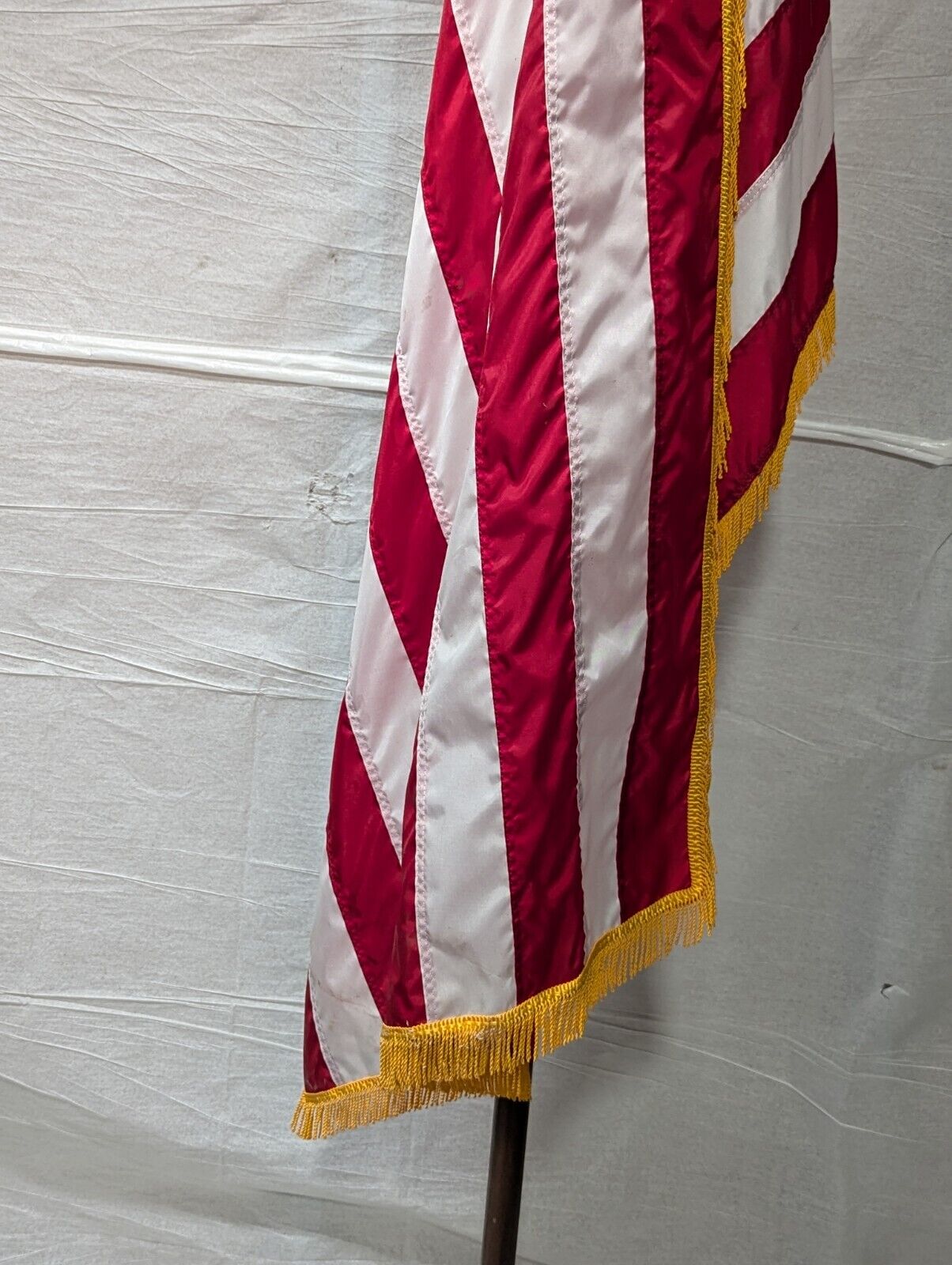 Vintage Indoor 3' x 5' American Flag With Gold Fringe and Wooden Flag Pole 99" H