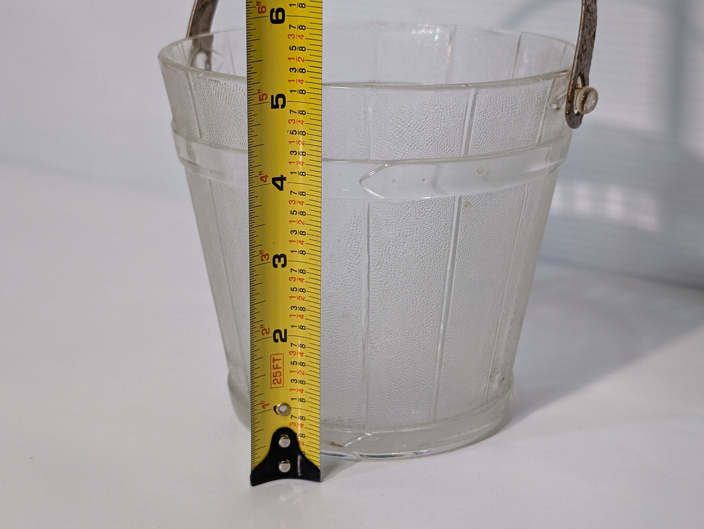 Vintage Mid Century Clear Glass Barrel Ice Bucket Hammered Gold Handle