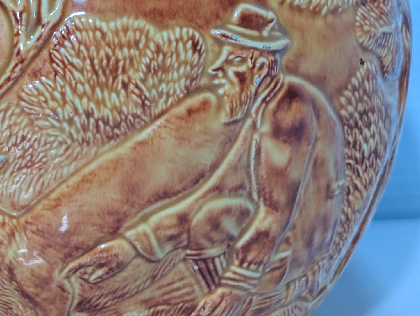 Vintage Brown Glazed Pottery Pitcher Elk, Deer, Buck, Hunters, Forest Wood Scene