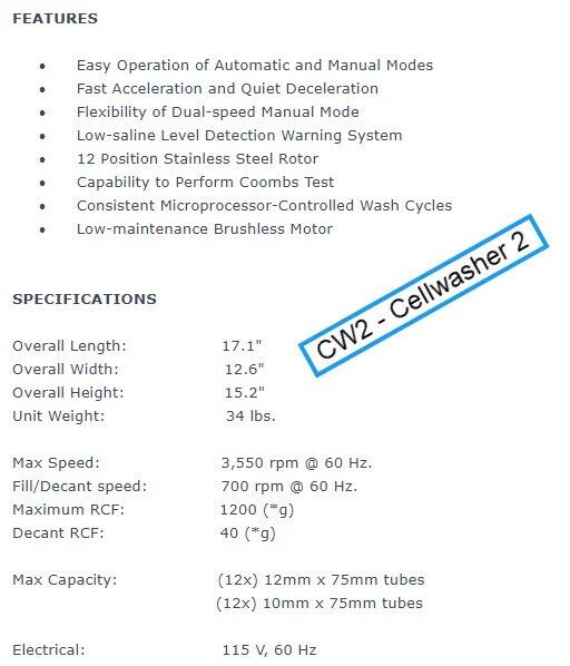 Sorvall CW2 Cellwasher 2 Centrifuge, 3200rpm, 350w, 115v @ 60Hz with power cable