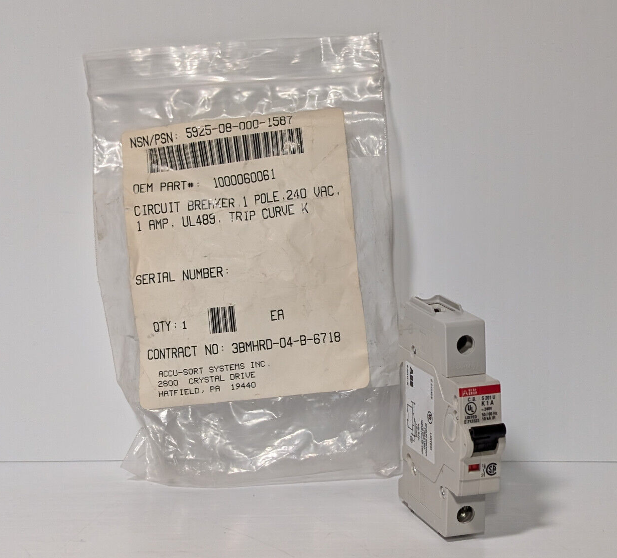 ABB S201U-K1 Circuit Breaker, 1-Pole, 240 VAC, 1 A, Trip Curve K
