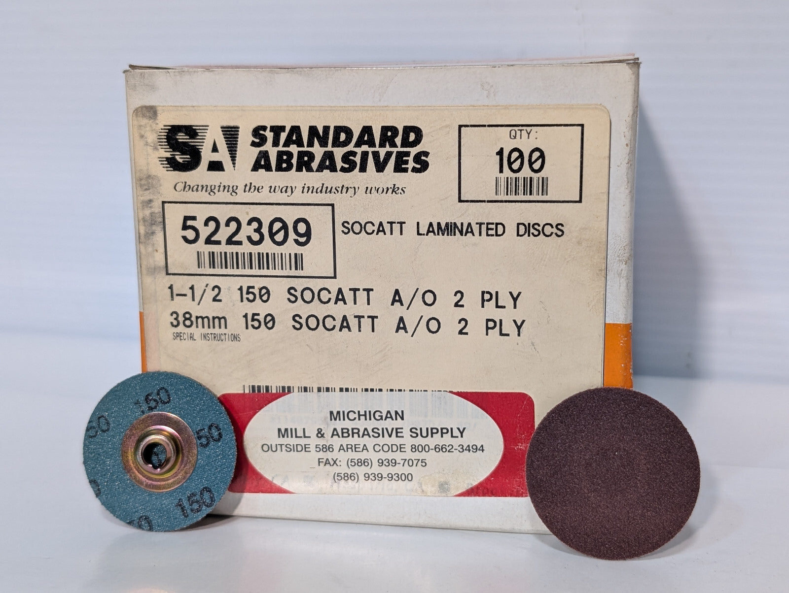 Standard Abrasives 100ct 522309 SOCATT Laminated Discs, 1-1/2", 150 Grit, 2 Ply