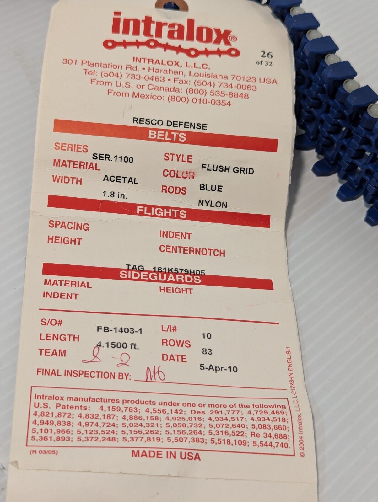 Intralox ser. 1100 acetal/nylon belt, 1.8 inches wide, 4.15 ft long, 83 rows