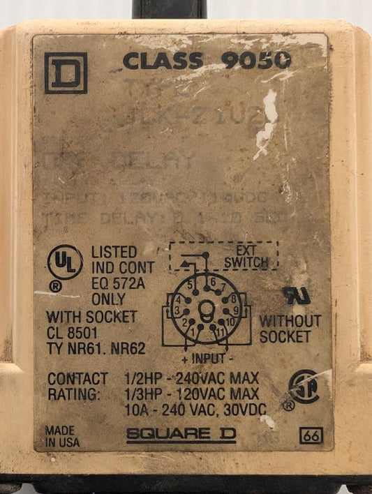Square D 9050-JCK-21V20 Timing Relay, adjustable time, 0.1-10 s, 10A, 240 VAC...