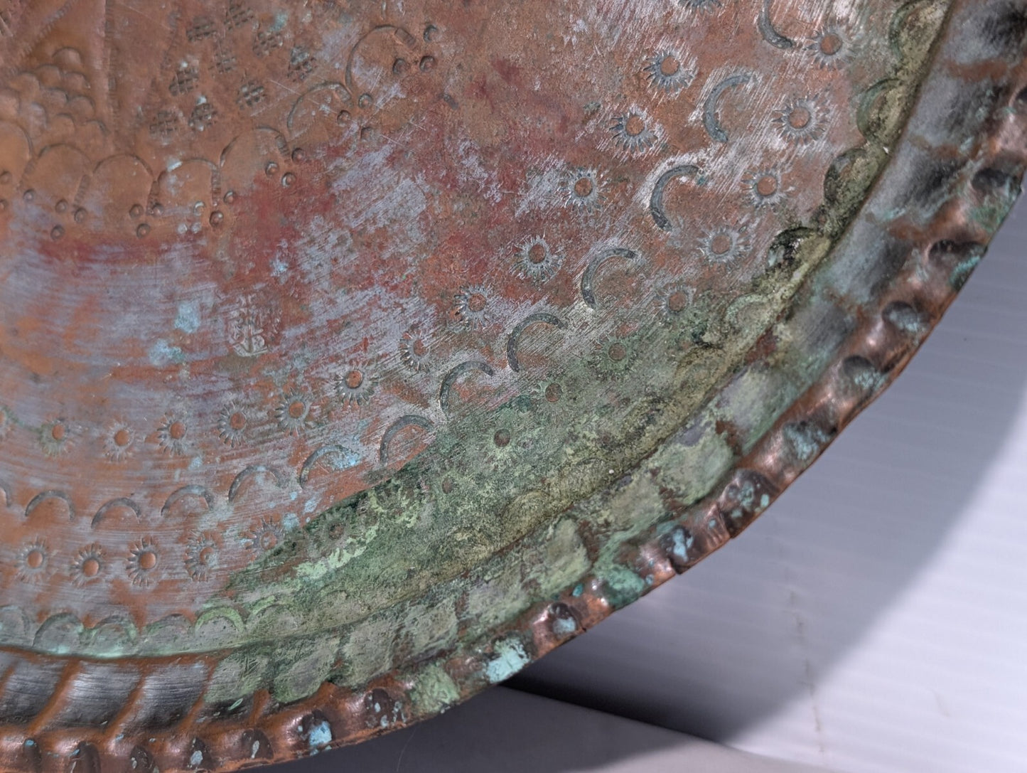 Vintage Hammered + Etched Copper Tray, Possibly Persian or Syrian, 13" Diameter