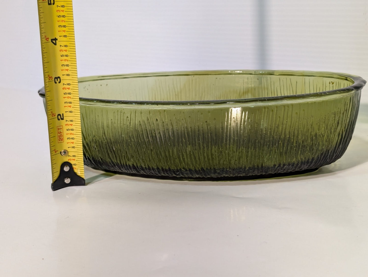 Vintage FTD 1975 Olive Green Oval Glass Dish With Bark Texture 9" Length