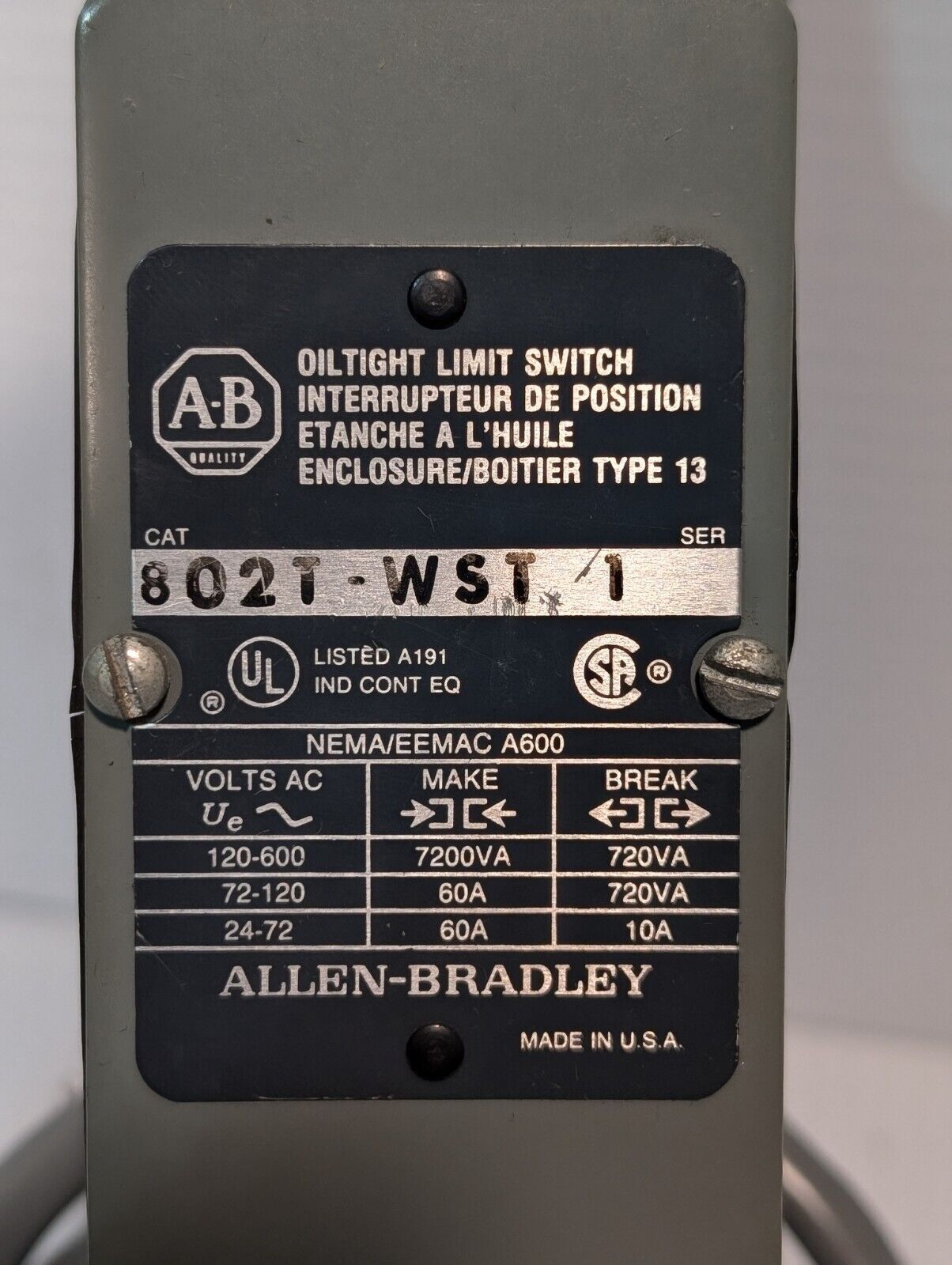 Allen Bradley 802T-WST Oiltight Limit Switch, Series 1, 120-600VAC - Free Ship