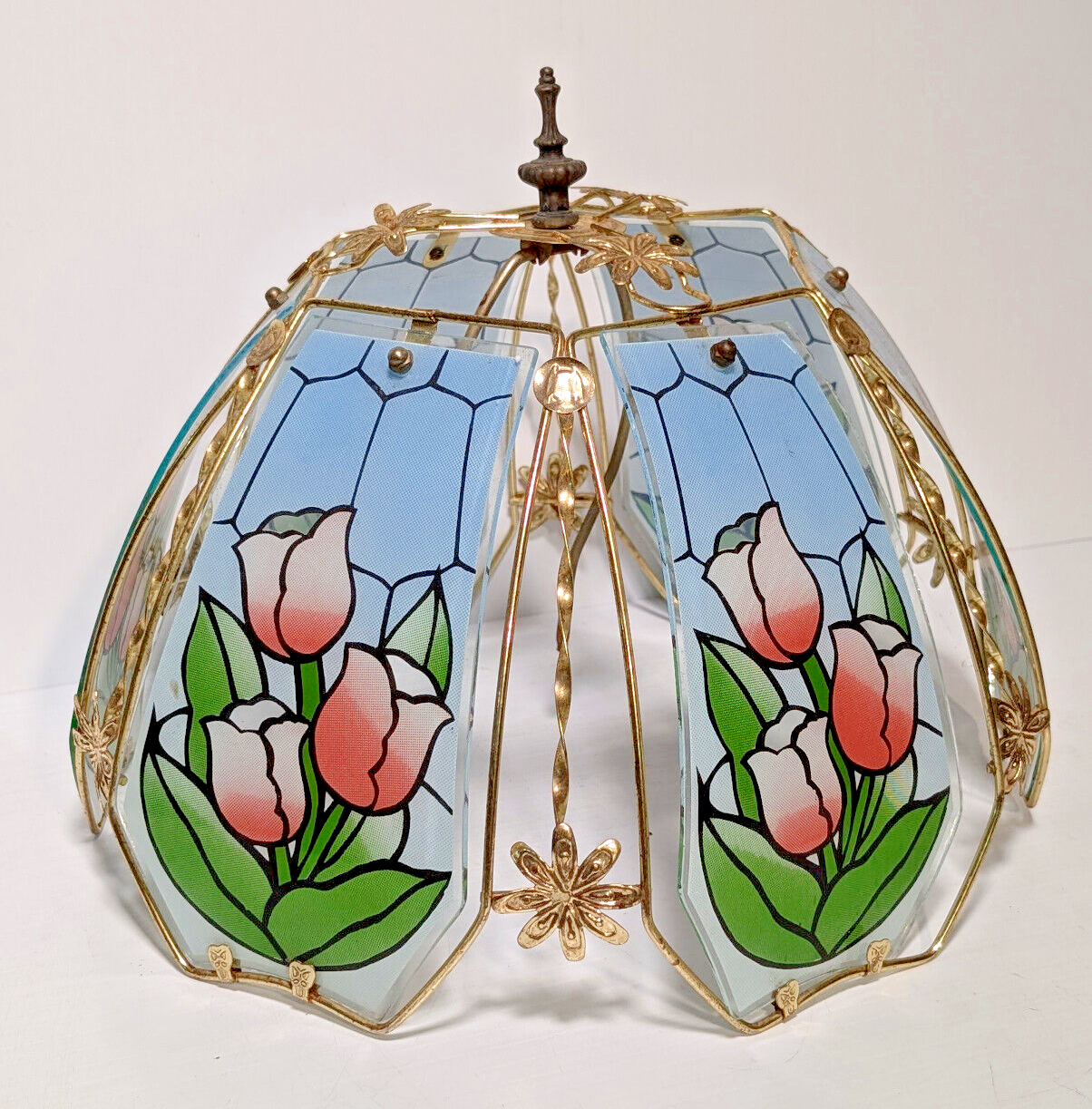 Vintage 80's Tiffany Style Tulip Glass, Brass Lamp Shade Sky Blue, Pink, Green