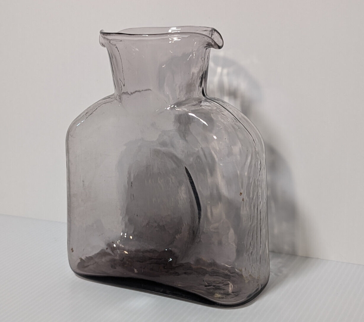 Vintage Blenko Art Glass Carafe, Vase, Grey Smoke, MCM, Textured, Organic Design