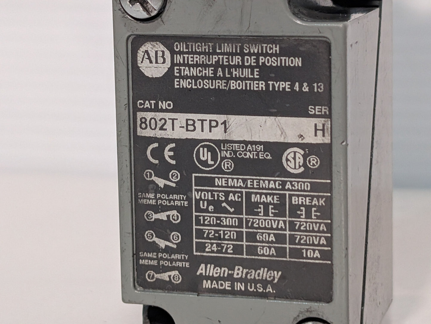 Allen Bradley 802T-BTP1 Oil Tight Limit Switch, Series H, Made in USA