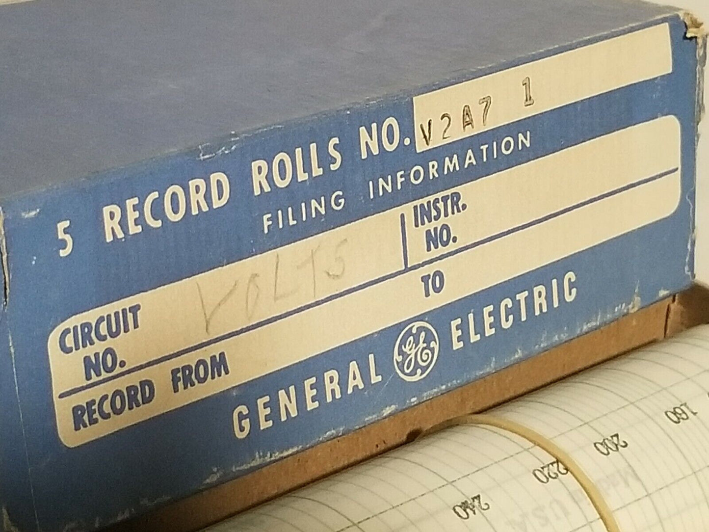 2 boxes of GE record rolls V2A71 (volts) and 303A1 (amps), 5 rolls per box