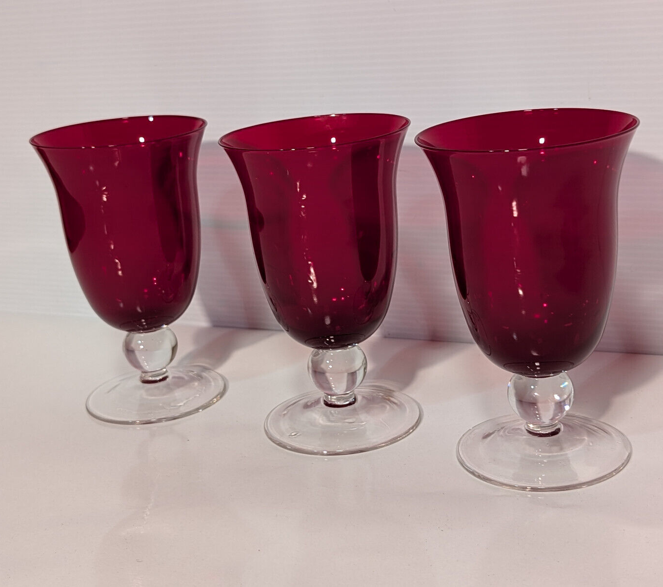 3 Vintage Ruby Red Goblets Fluted Clear Stem Tumblers Holiday Retro Celebration