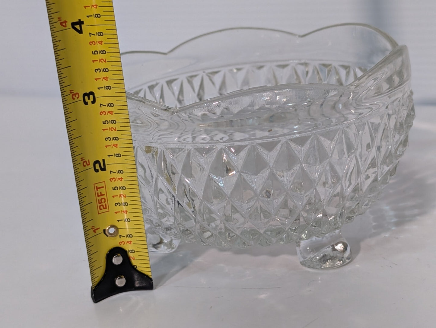 Vintage Indiana Glass Clear Diamond Point 3 Toed Candy Dish 5” x 3”