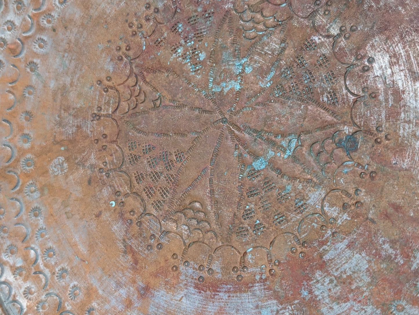Vintage Hammered + Etched Copper Tray, Possibly Persian or Syrian, 13" Diameter