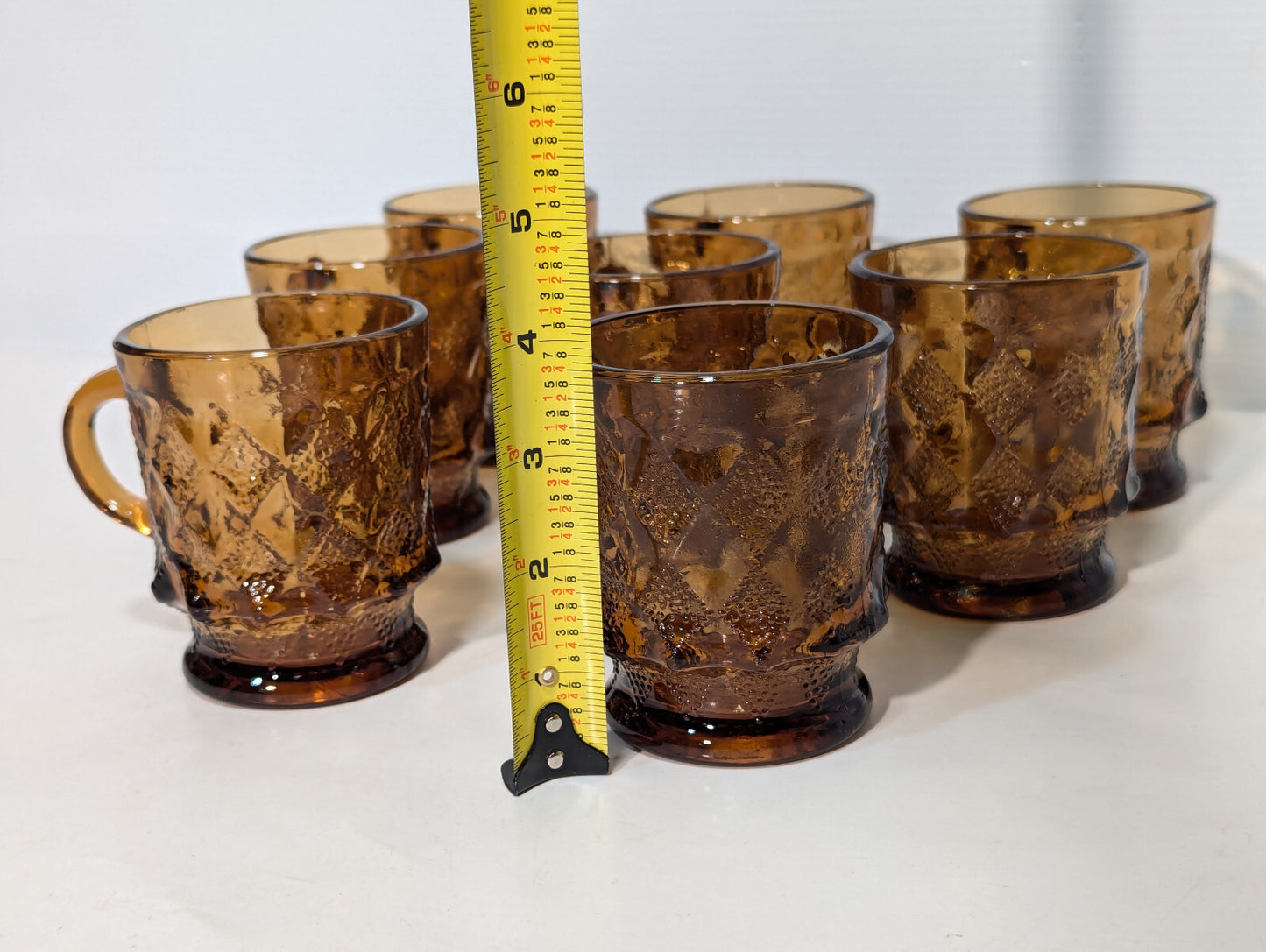Vintage 8 Piece Anchor Hocking Amber Brown Glass Kimberly Diamond Cups Fire King