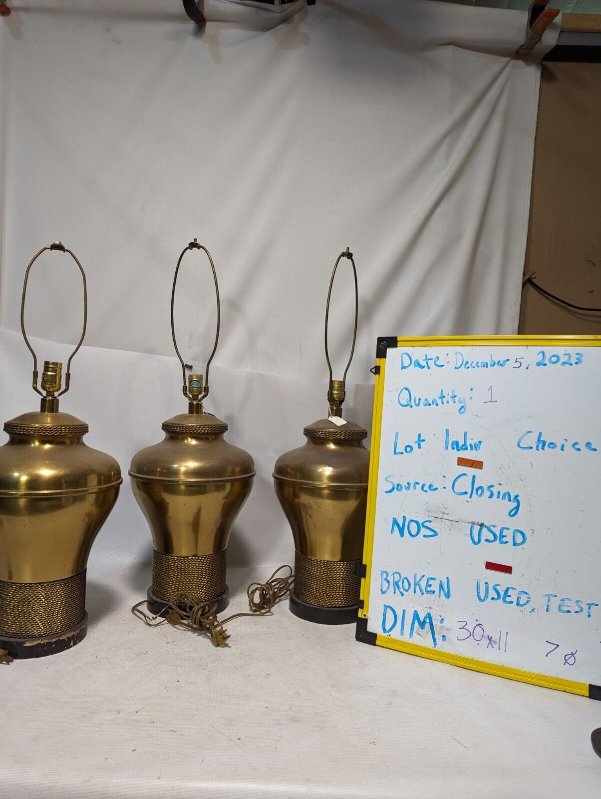 Large brass lamp, 30 inches x 11 inches with brass rope pattern on the bottom