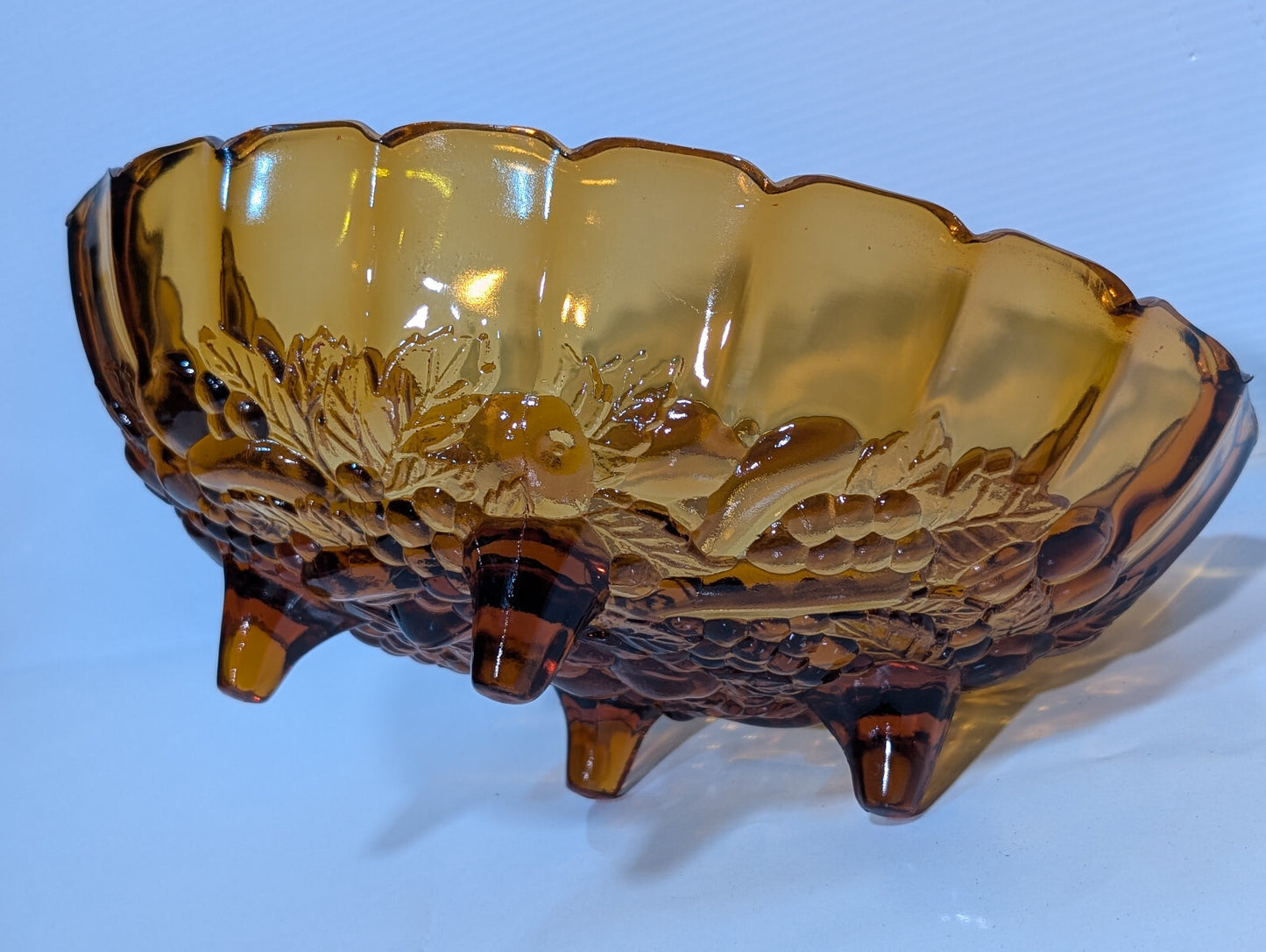 Vintage Antique Amber Gold Indiana Glass Scalloped Footed Fruit Bowl 12"