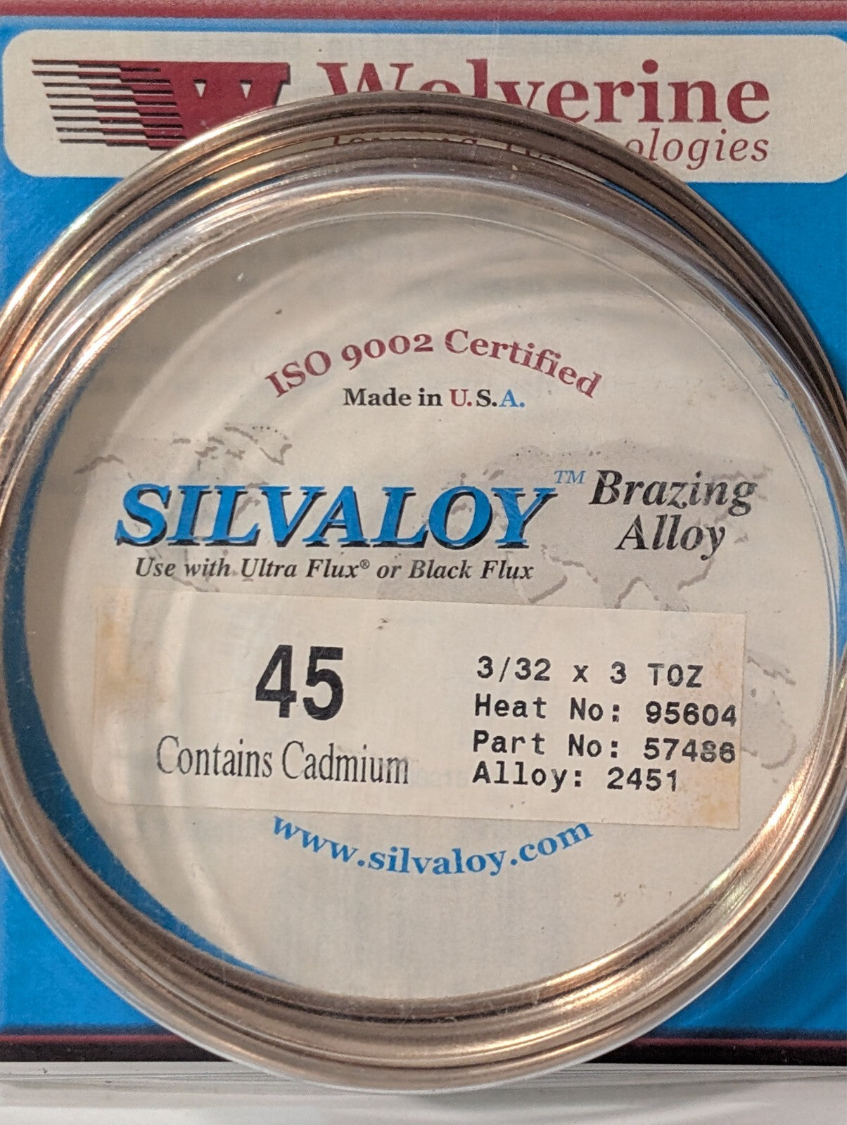 Wolverine 45 Silvaloy Brazing Alloy 3/32 x 3 Troy oz. 2451 57486 Cadmium