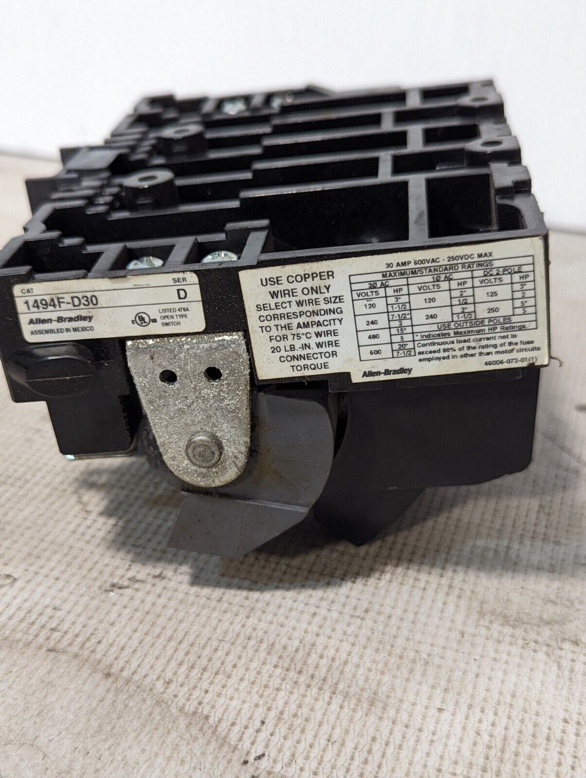 Allen Bradley 1494F-D30 Disconnect Switch, 30A, 600vac \ 250vdc - Free Shipping