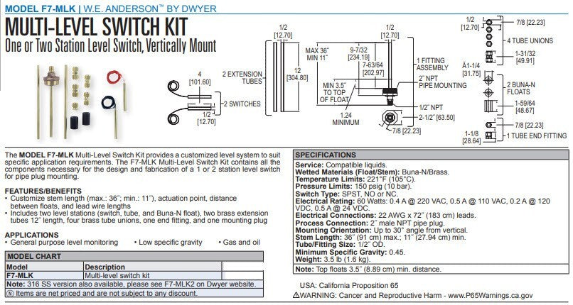 WE Anderson (Dwyer) Model F7-MLK Multi-Level Switch Kit, Vertically Mount