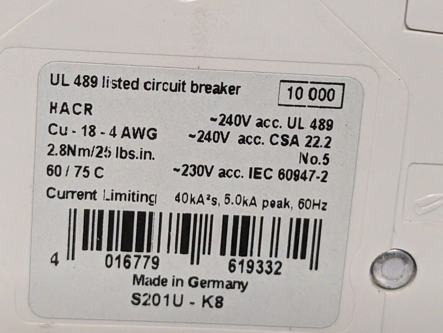 ABB S201U-K8 Circuit Breaker, 162K356H01 8 A, 240 VAC, 50/60 Hz, 1-Pole