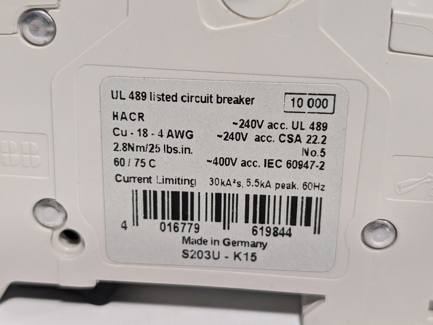 ABB S203U-K15 Circuit Breaker, 3-Pole, 15A, Made in Germany, E212323, 162K859H01