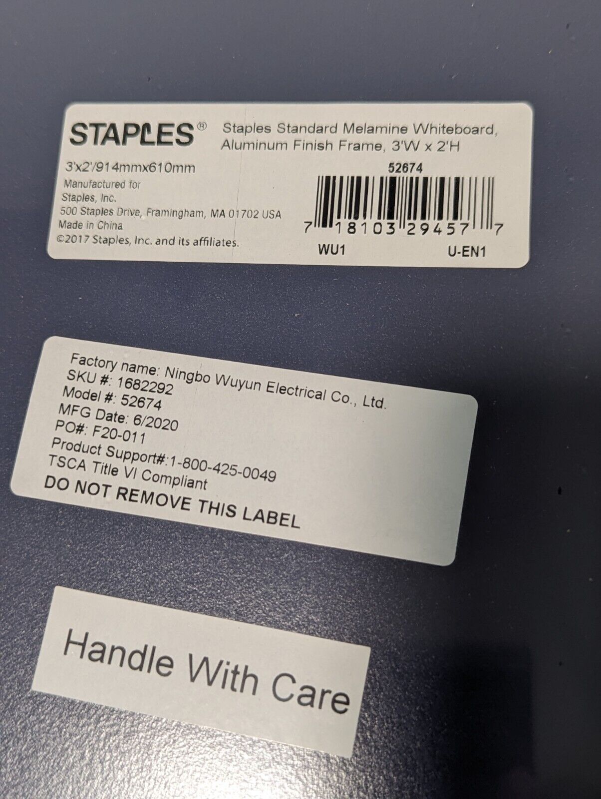 Staples 3ft x 2ft Standart Melamine Whiteboard 52674 Aluminum 1682292 Tsca Title
