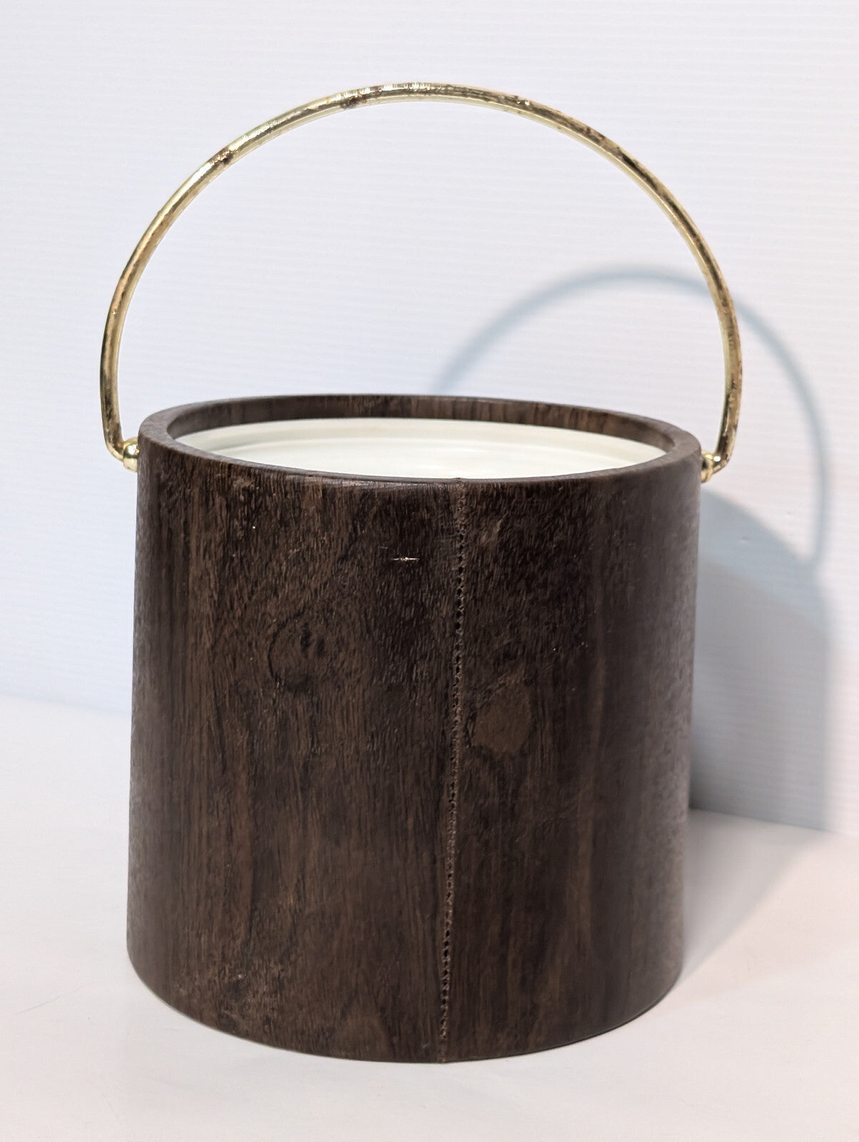 Vintage 1970s Party Ice Bucket Vinyl Faux Wood Grain Gold Handle, No Lid