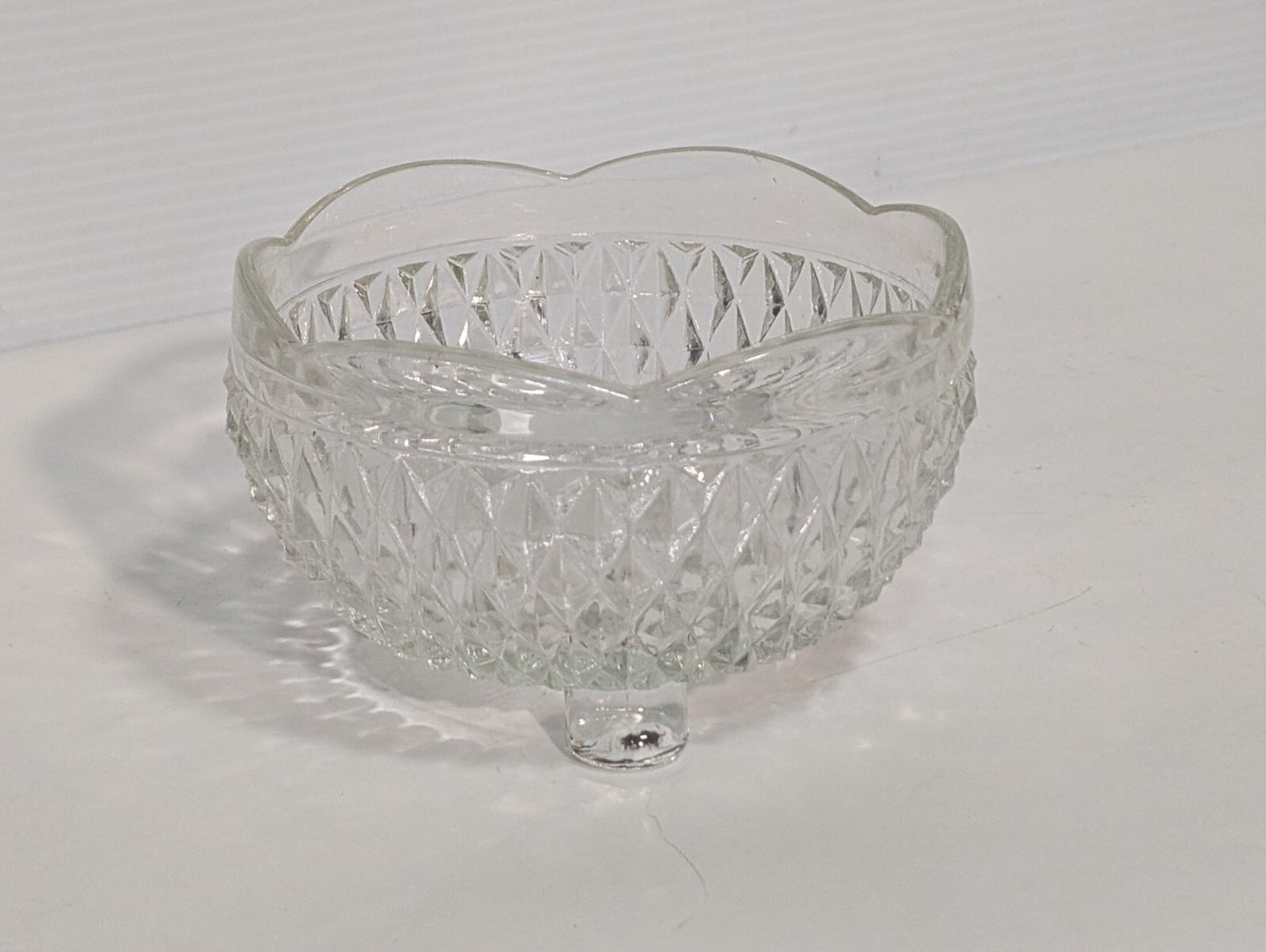 Vintage Indiana Glass Clear Diamond Point 3 Toed Candy Dish 5” x 3”
