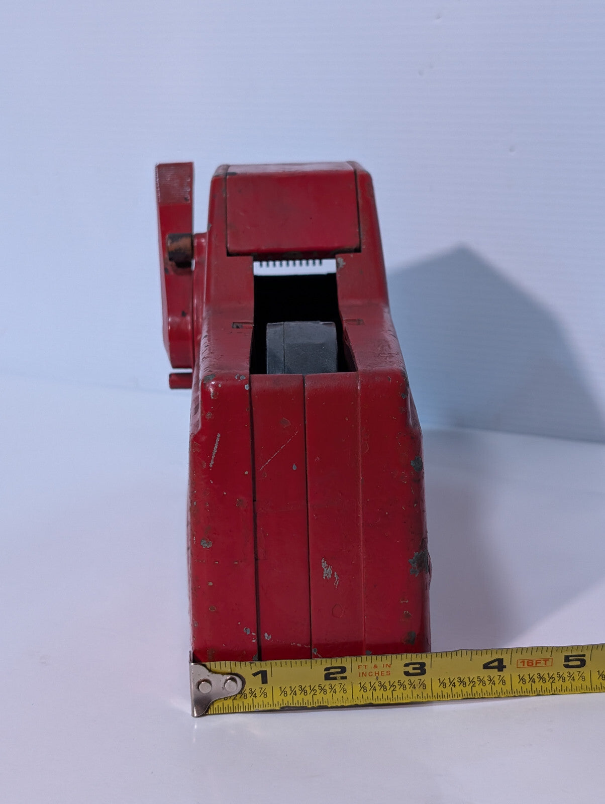 Vintage 1950s Red Cast Iron Industrial Toothed Grip Wheel Tape Dispenser Tool