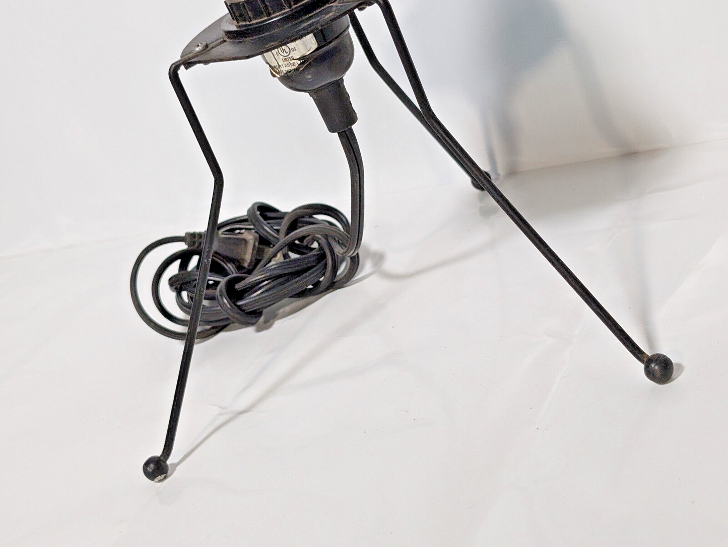 Vintage 1980s blue bulb, black metal, stilt lamp, minimalist, post-modern, pop
