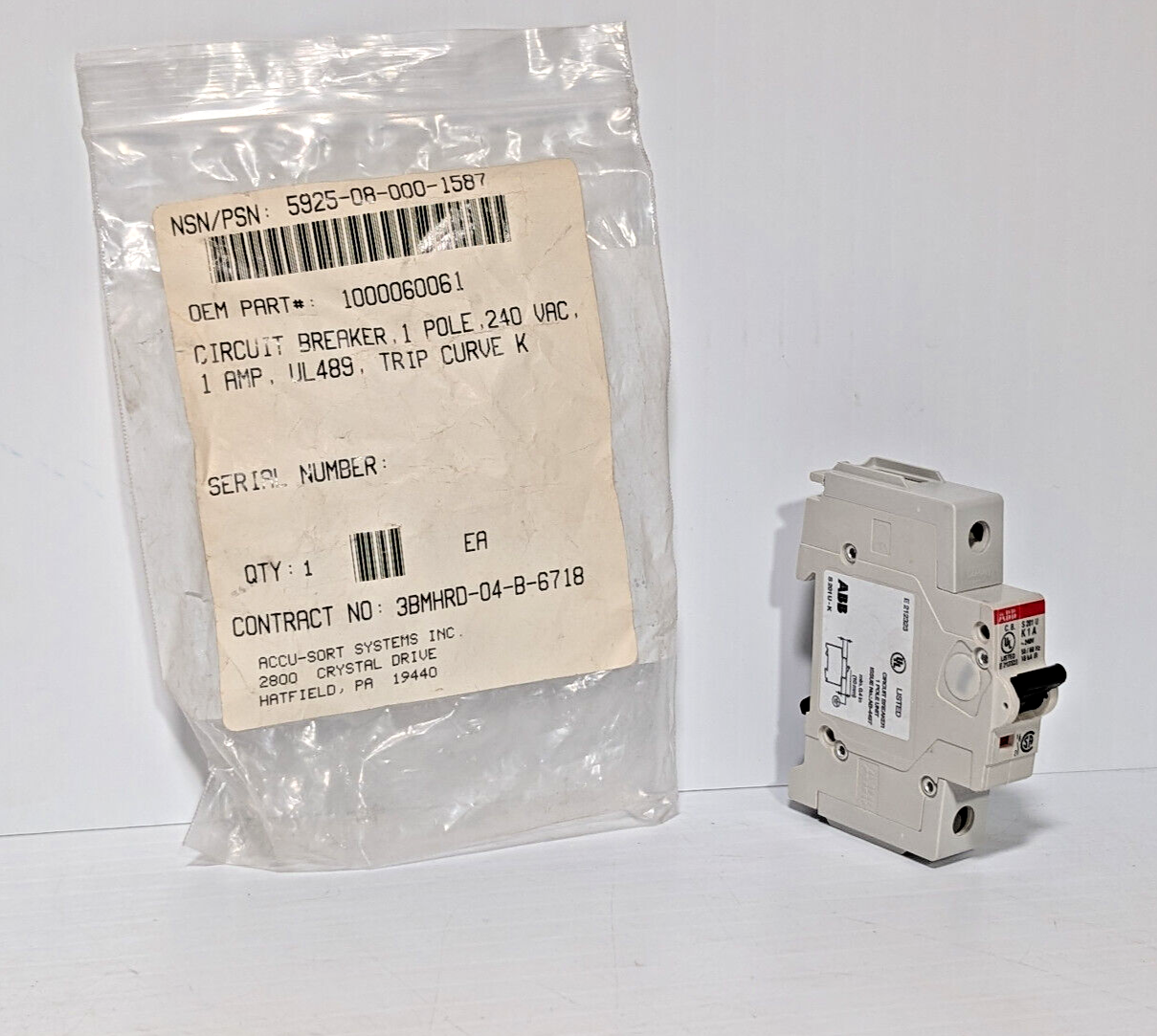 ABB S201U-K1 Circuit Breaker, 1-Pole, 240 VAC, 1 A, Trip Curve K
