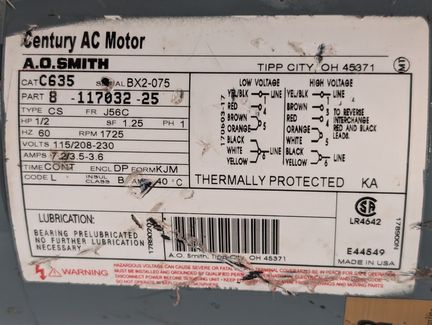A.O.Smith C635 Century AC Motor 8-117032-25, 1/2HP, 1725RPM, 1PH, Made in USA