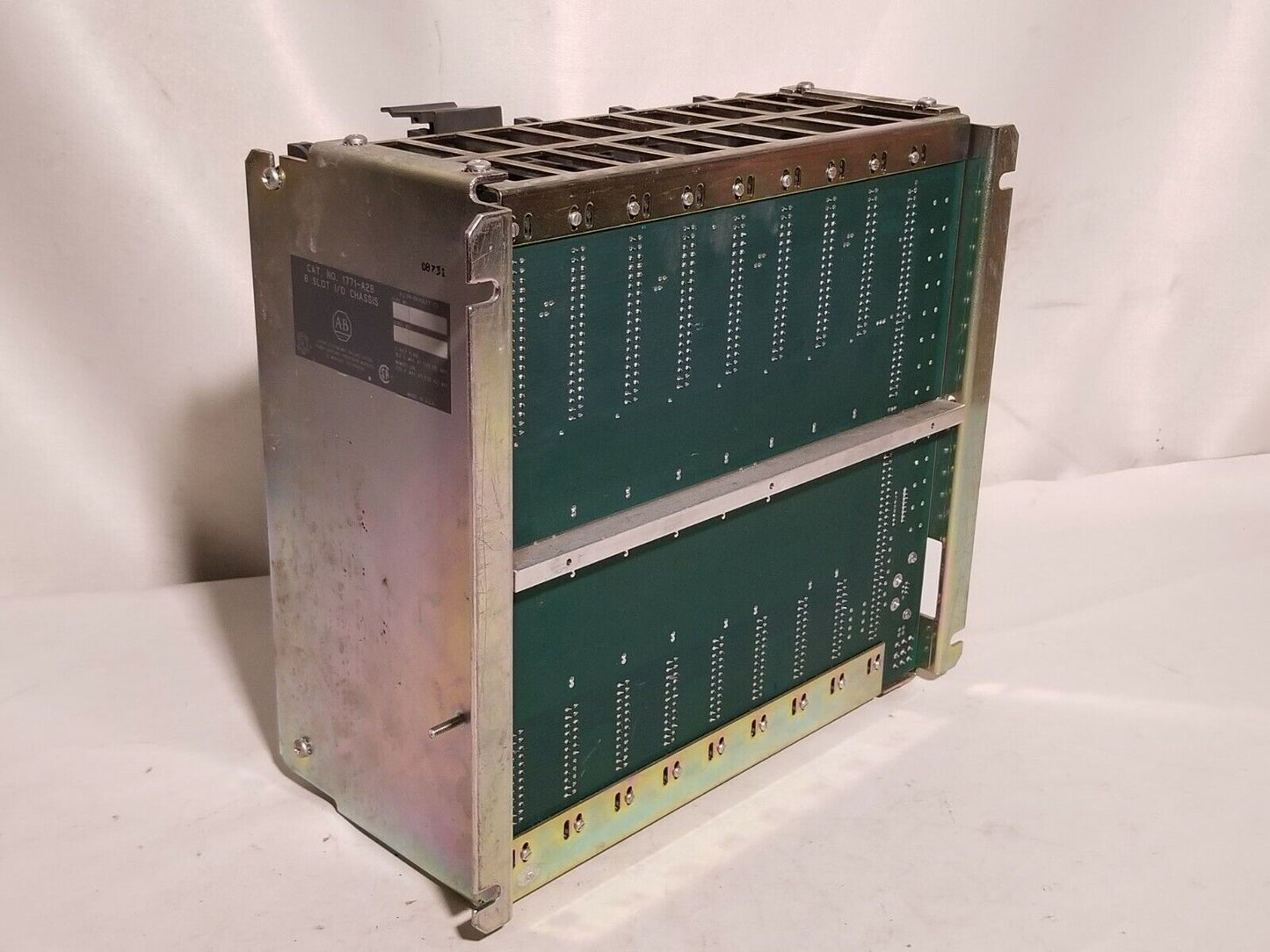 Allen Bradley 8 slot I/O PLC chassis, cat. no. 1771-A2B, with 8 cards, 120V