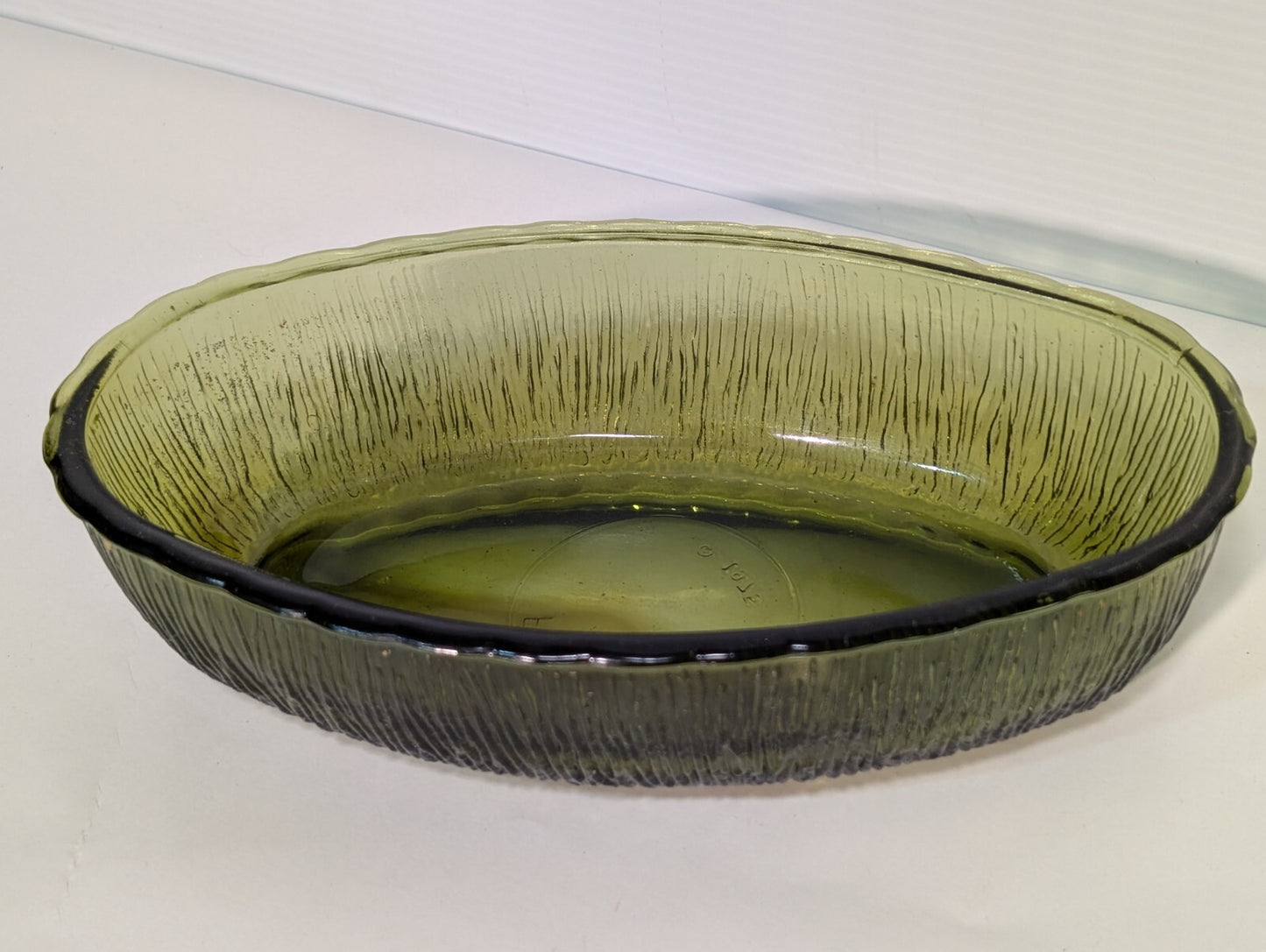 Vintage FTD 1975 Olive Green Oval Glass Dish With Bark Texture 9" Length