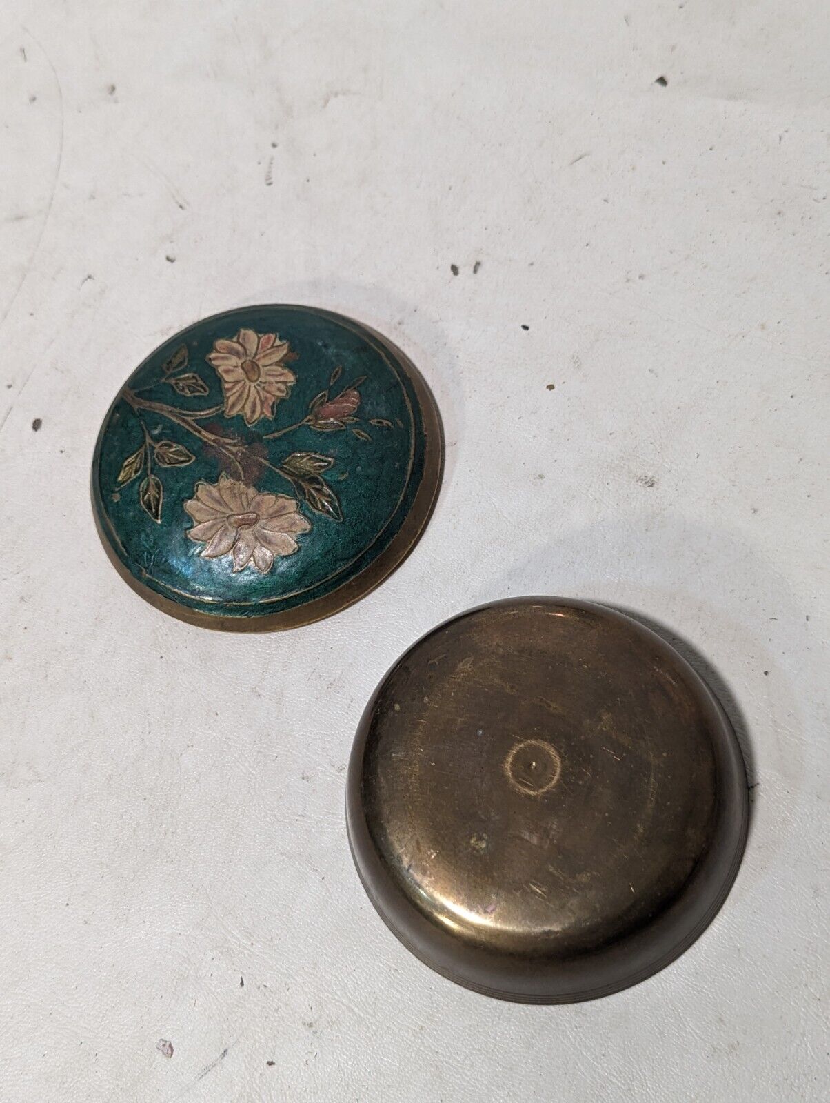 Vintage brass trinket dish with lid painted in a floral design 3" dia x 1" H