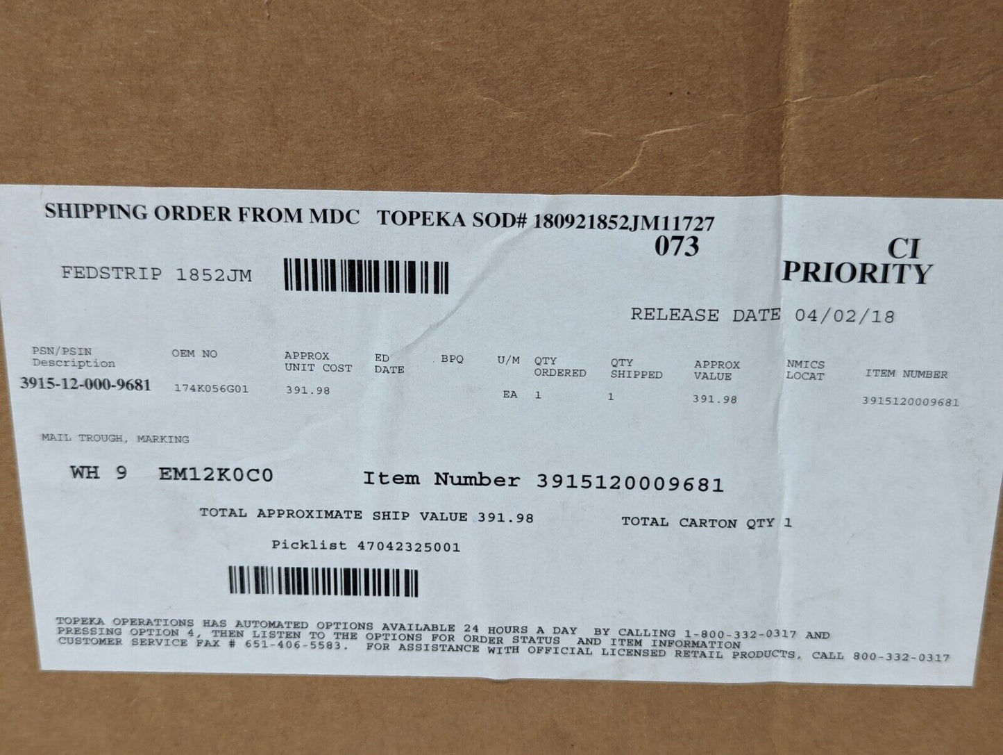 3915-12-000-9681 174K056G01 Marking Mail Trough - Free Shipping