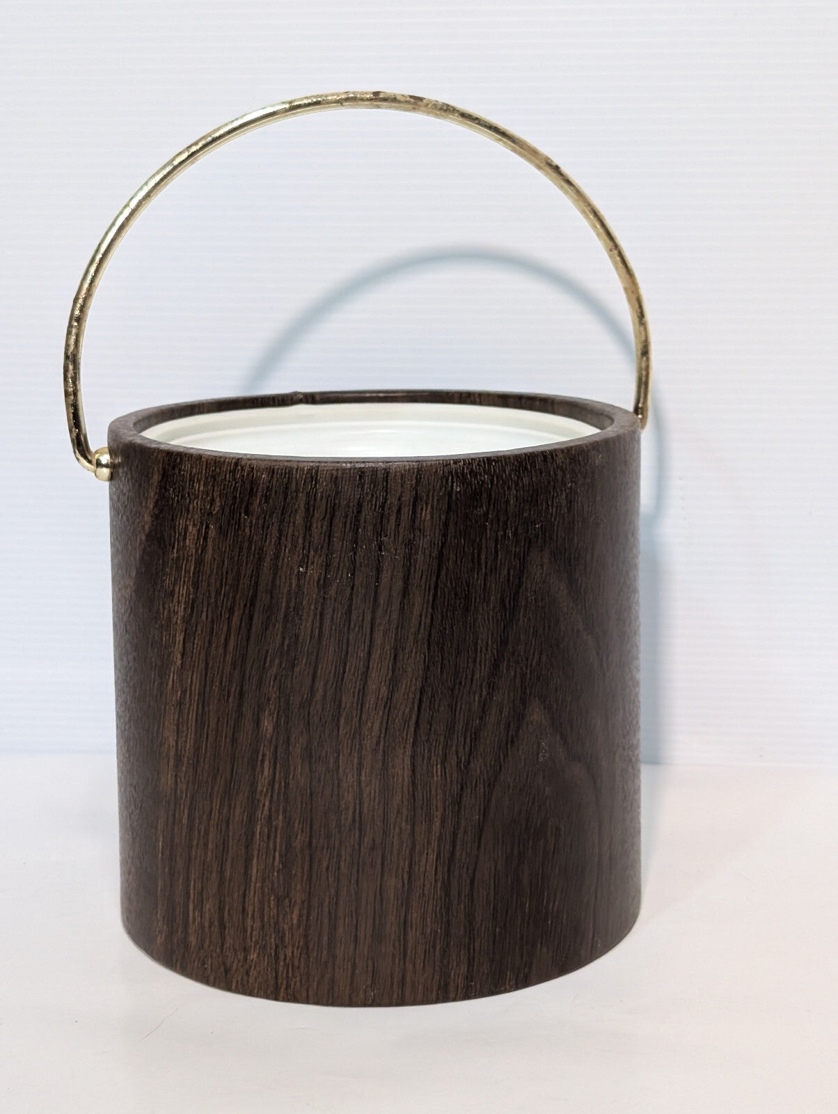 Vintage 1970s Party Ice Bucket Vinyl Faux Wood Grain Gold Handle, No Lid