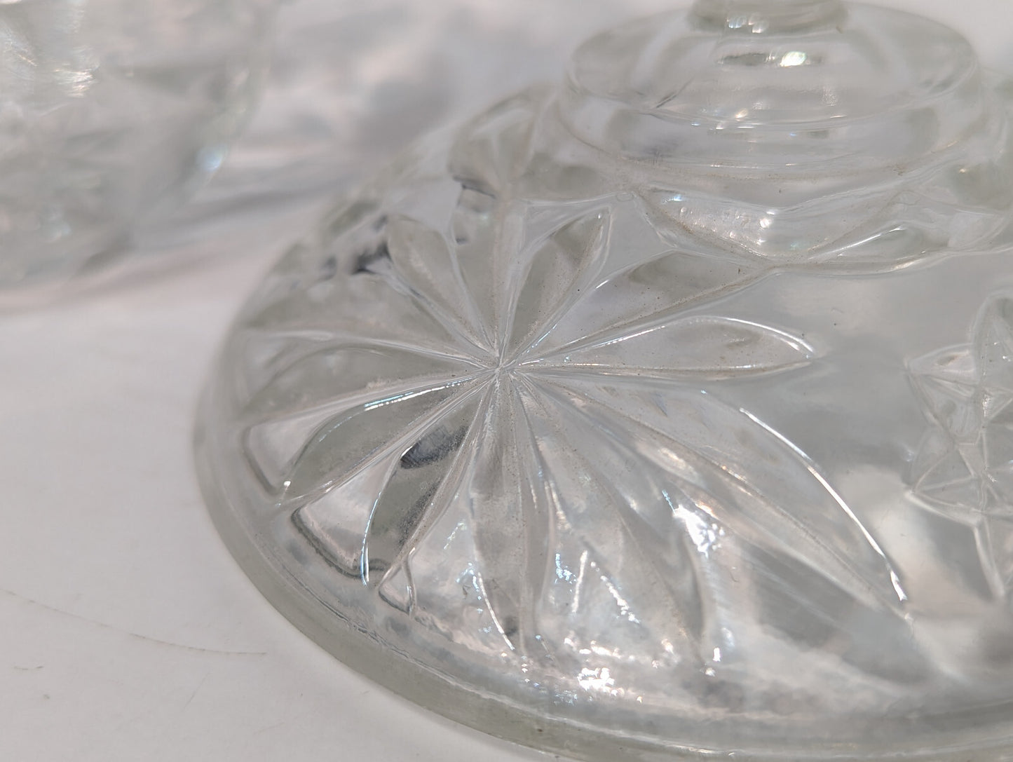 Vintage Antique Crystal Clear Glass Candy Dish, Snack Jar, Lid, Starburst Design