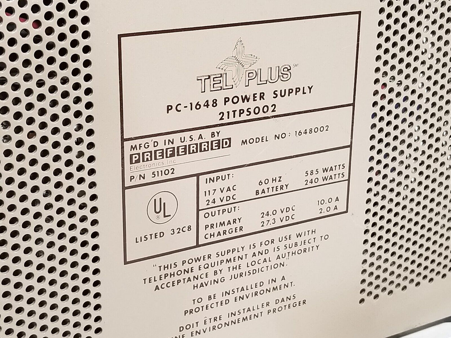 Tel-Plus PC-1648 power supply, 21TPS002, 24.0/27.3 VDC out at 10.0A/2.0A