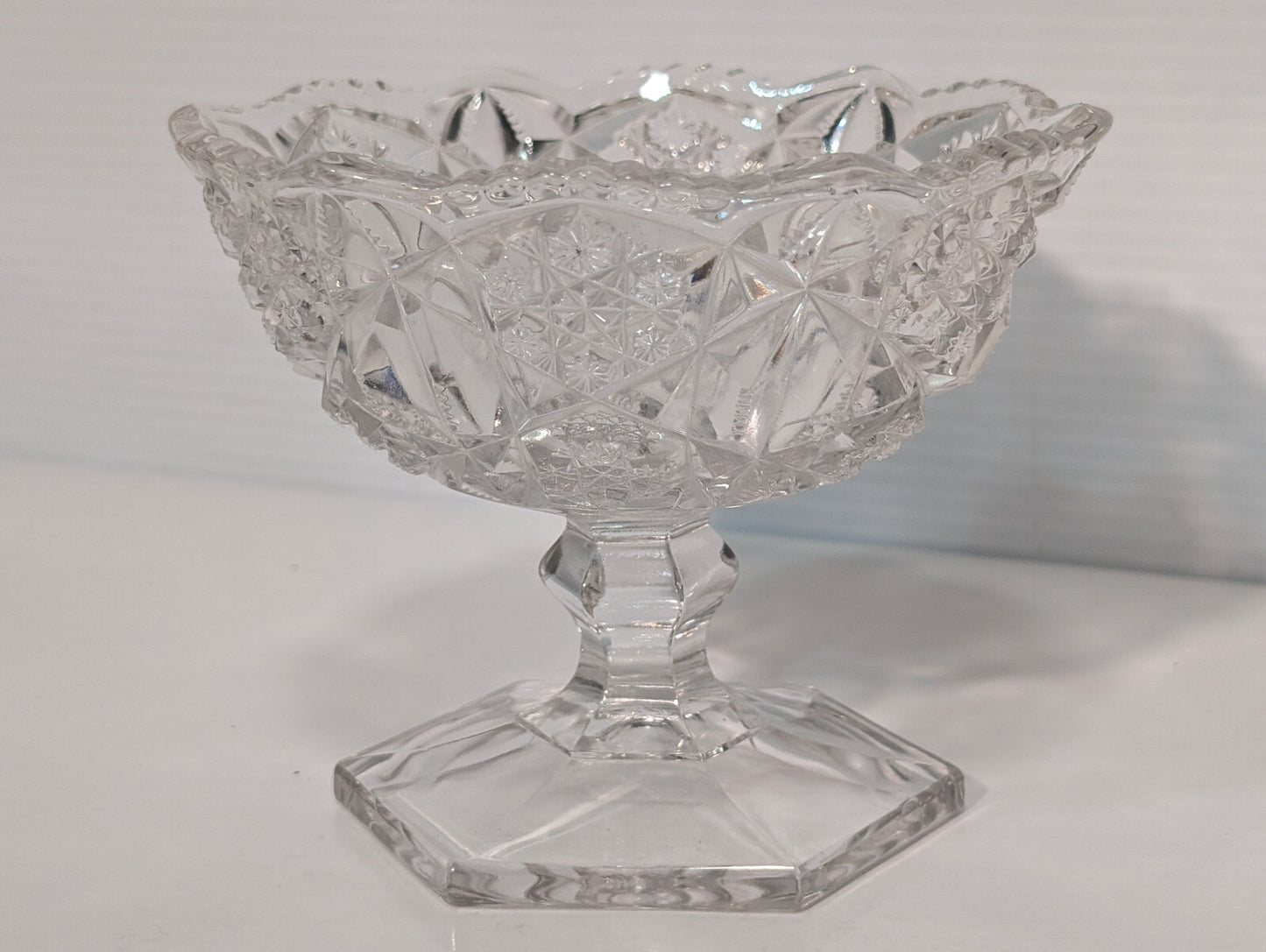 Vintage Clear Glass Crystal Candy Dish Snowflake Pattern Hexagon Pedestal Base