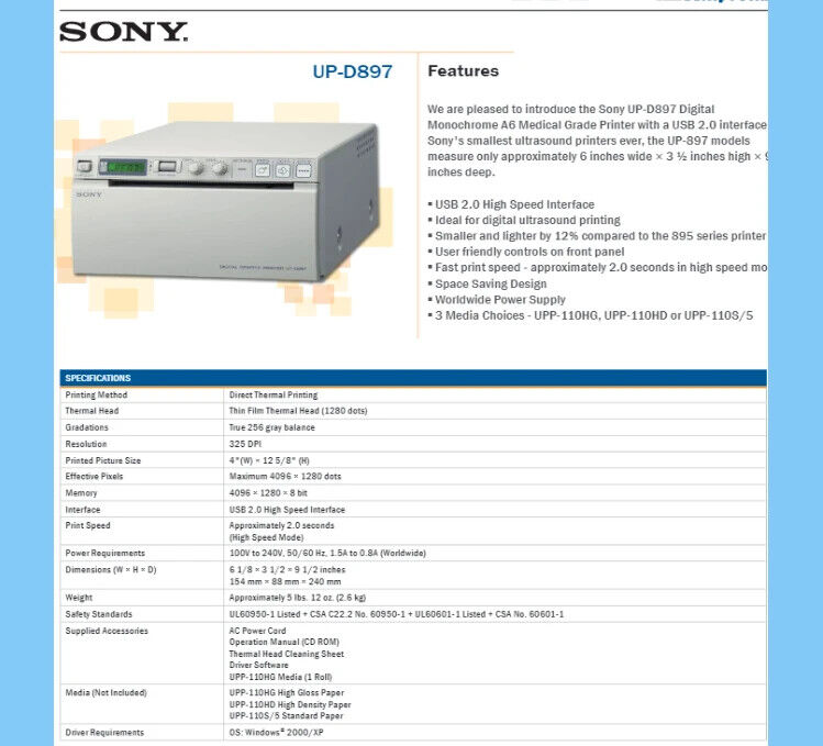 Sony UP-D897 Digital Graphic Ultrasound Printer - Free Shipping