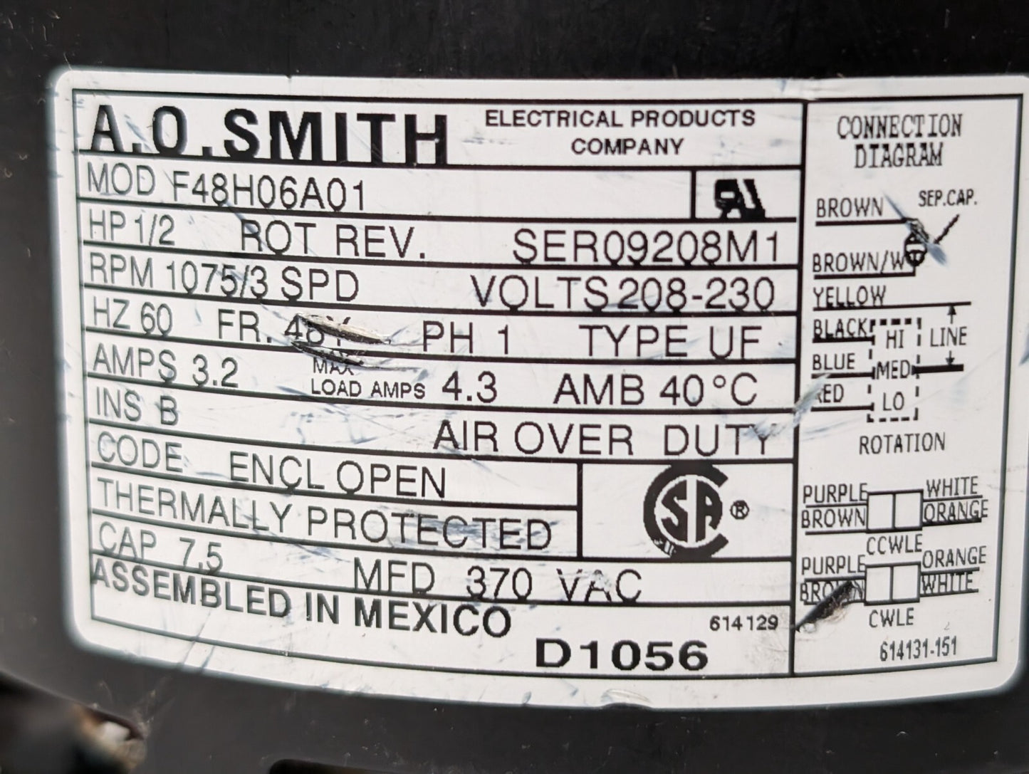 A.O. Smith D1056 Indoor Blower Motor 1/2HP 1075RPM 3 Speed Reversible 208-230V