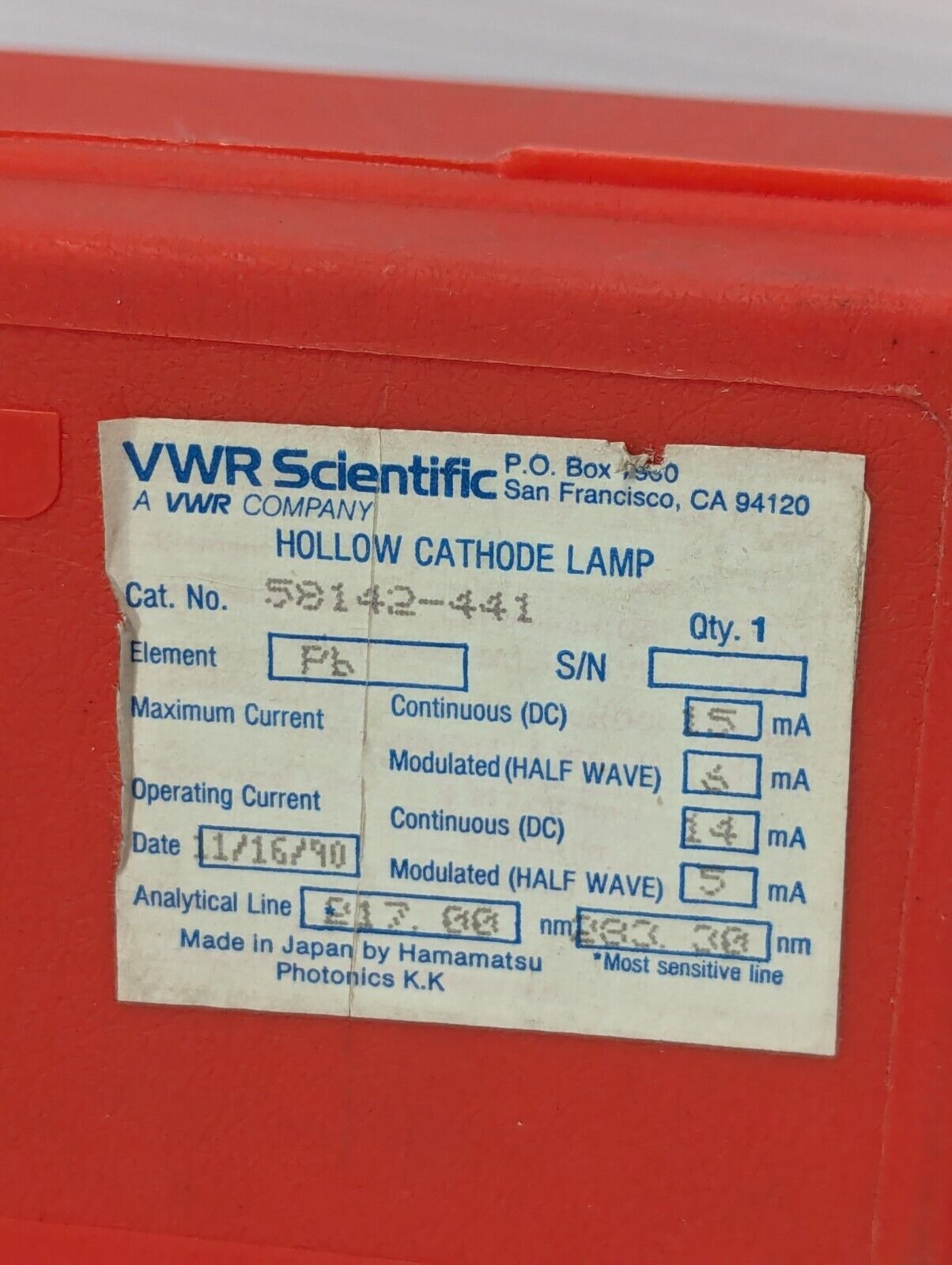 VWR 58142-441 Pb Lead Atomic Absorption Hollow Cathode Lamp