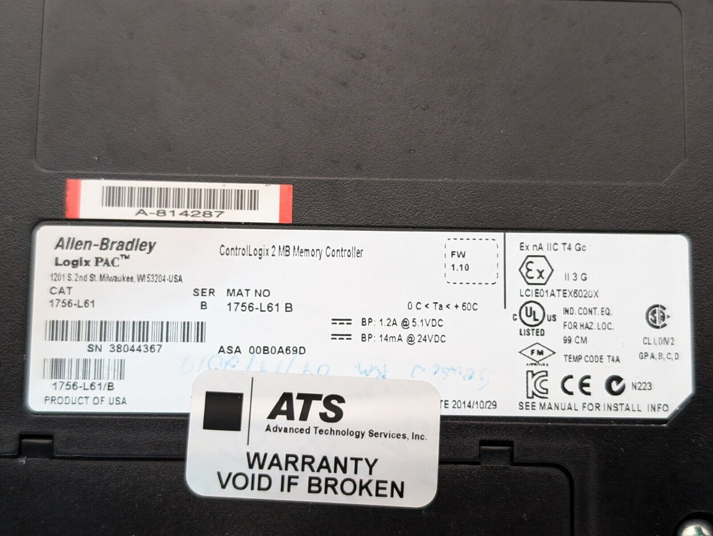 Allen Bradley 1756-L61 ControlLogix 5561 Processor Module w\ 2MB Memory, Ser B
