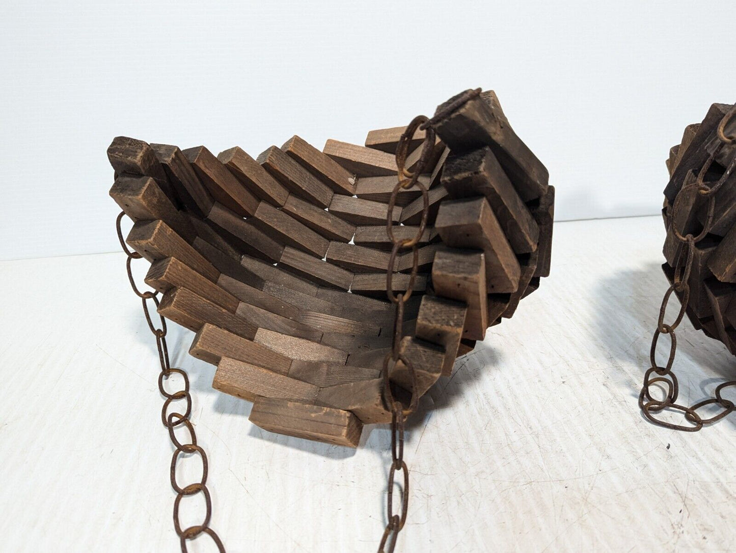 Vintage Wood Block Plant Hanger - Teardrop Shaped Hanger on Chain - Free Ship
