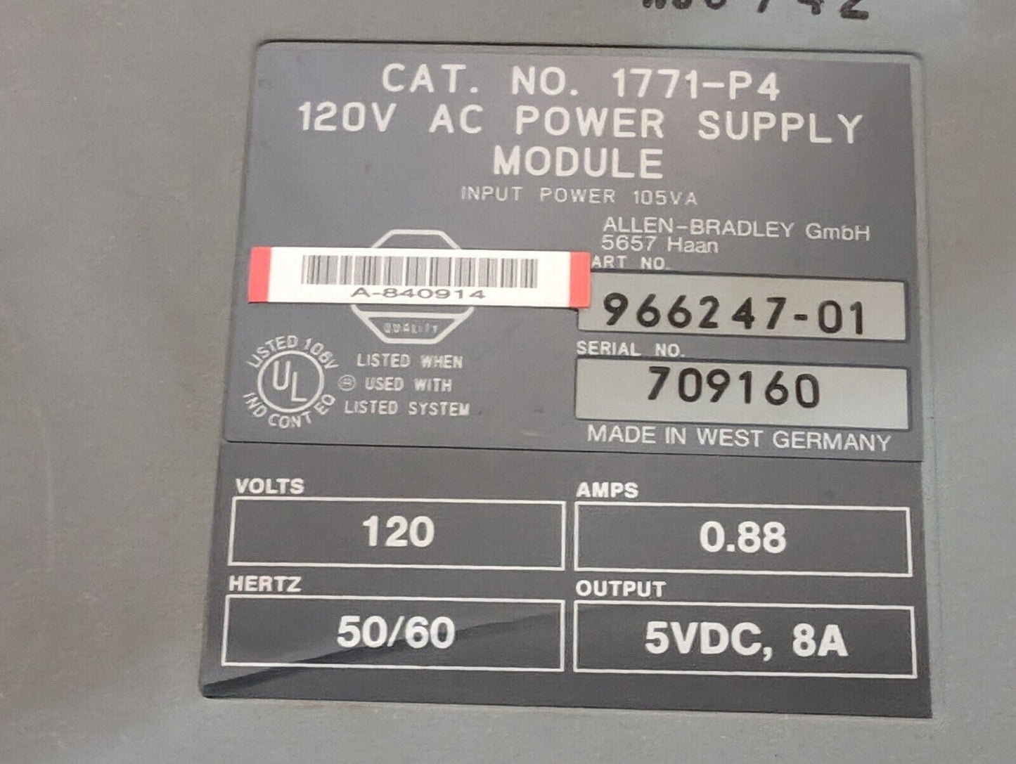 Allen Bradley 1771-P4 Power Supply Module, AC Input: 120VAC, DC Output: 8A