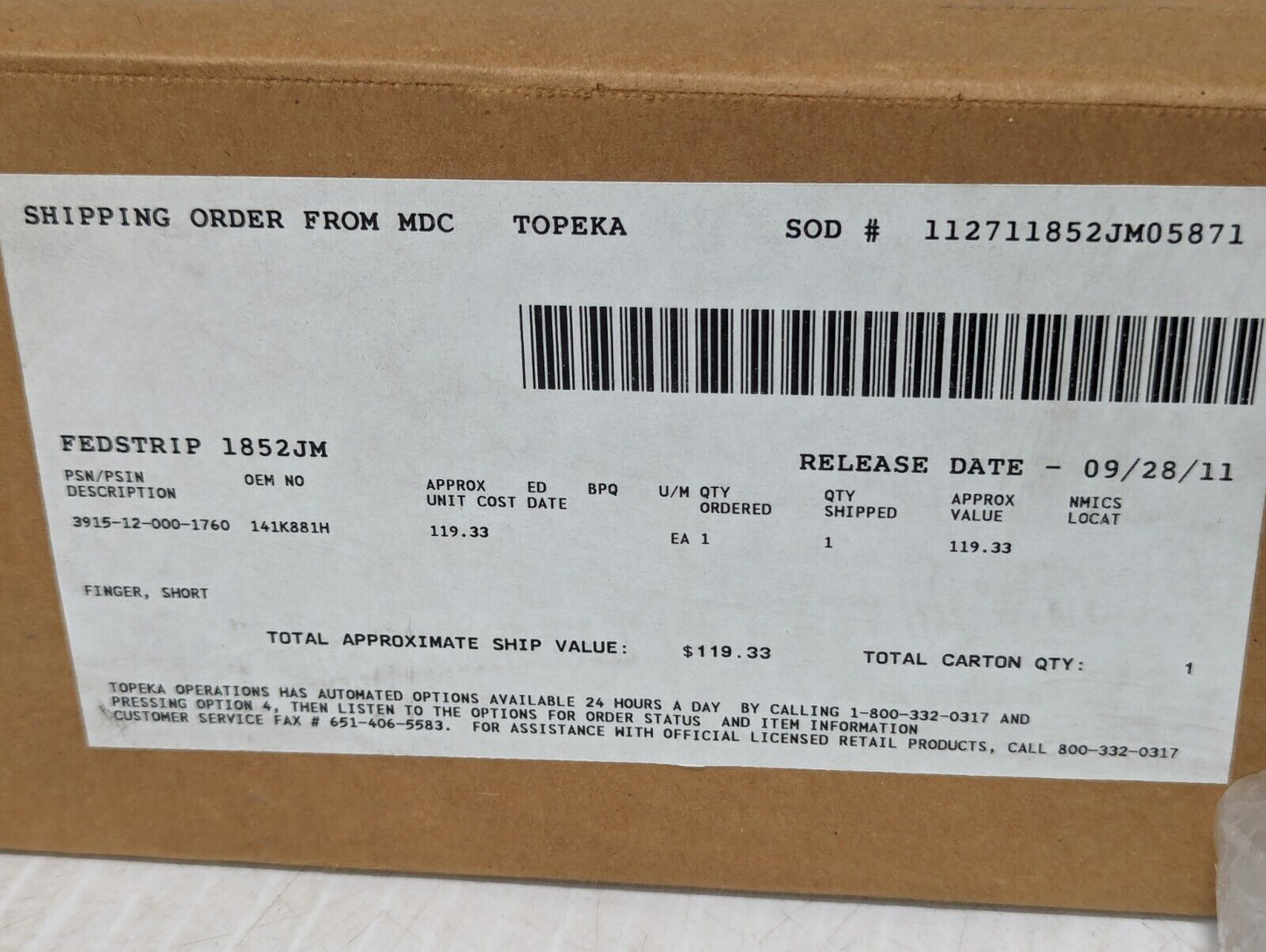 *Read* 3915-12-000-1760 141K881H01 Long Metal "Finger Short" - Free Shipping